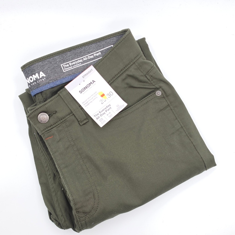 Sonoma Chino Pant Mens 29x30 Army Green‎ New Straight Fit Stretch Outdoor Office